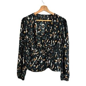 Express dark green animal print surplice puff shoulder blouse side zip size L